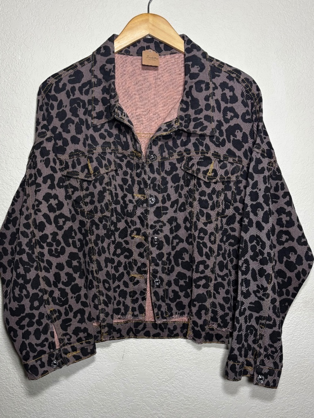Leopard Print Cropped Denim Jacket/ Animal Print/ Raw Hem/ Boutique Style